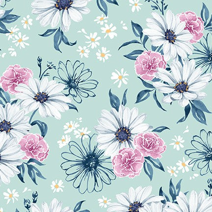 Mint Floral Cotton Lawn Fabric Wishwell by Robert Kaufman
